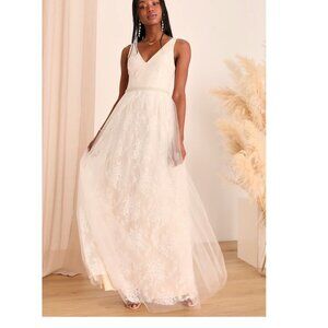 Lulus Sweet Love Ivory Lace Beaded Maxi Dress XS New NWT